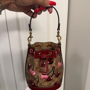 Coach Cherry Print Mini Bucket Bag - Brown and Red